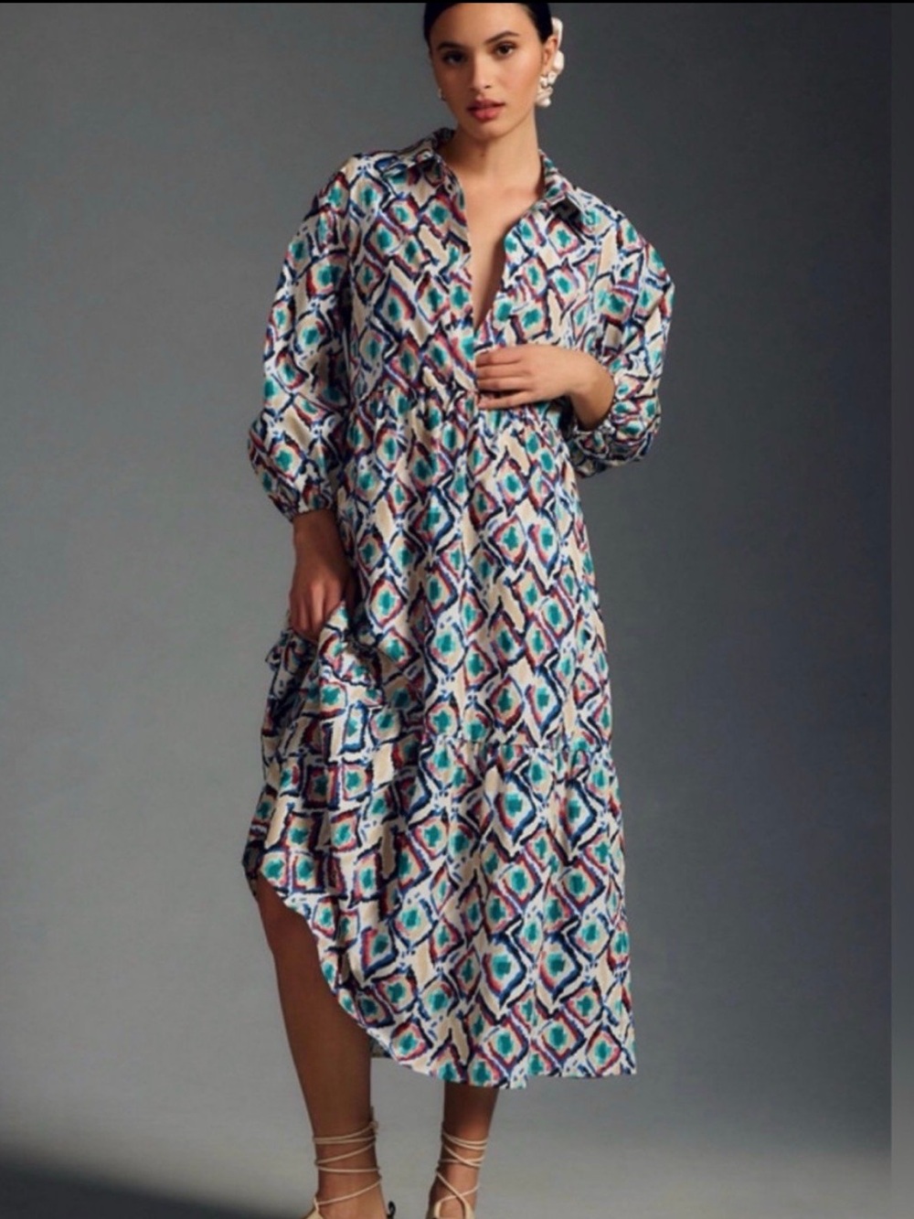 Maeve Bettina Geometric Cotton Dress in White & Blue Size Medium